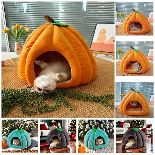 3D Pumpkin Pet House – Warm Semi-Enclosed Bed for Cats & Dogs