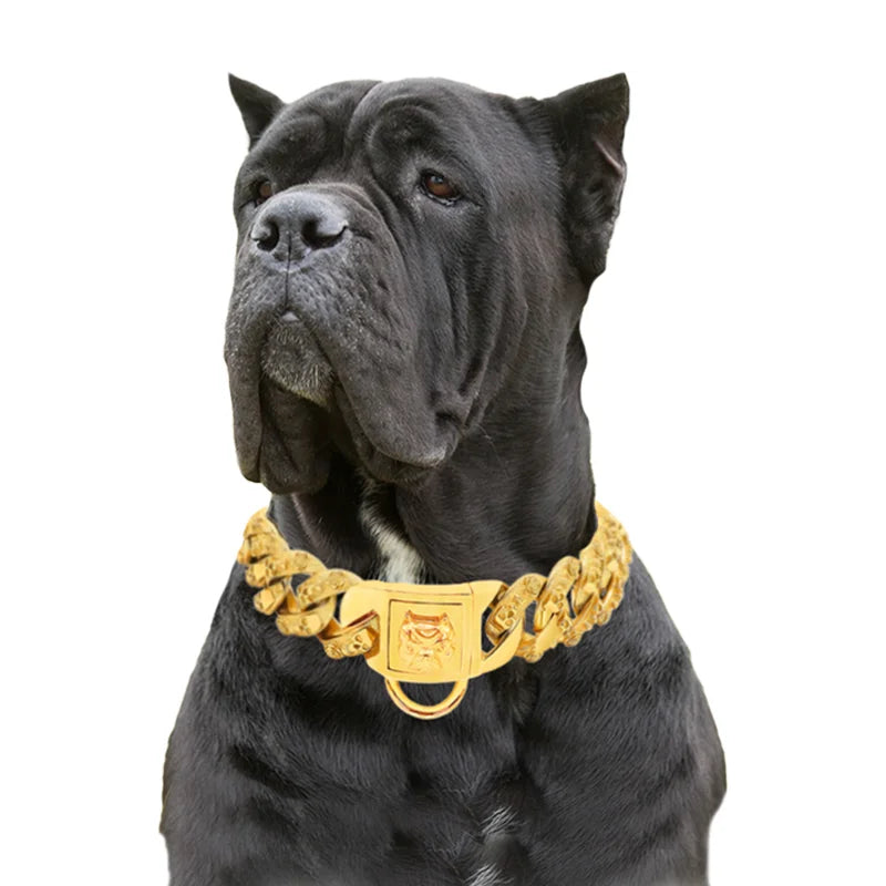 Metal Dog Collar for Large Dogs – 32mm Stainless Steel Chain Choker, Gold & Silver, Unique Fashionable Pet Accessory