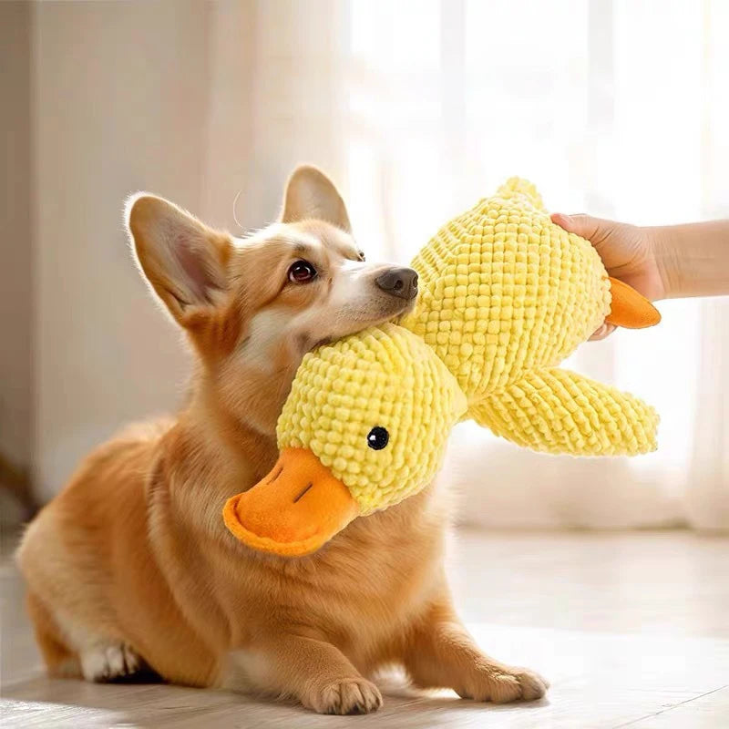 Dog Calming Duck Plush Toy โ Bite-Resistant Squeaky Yellow Duck for Small Dogs & Puppies