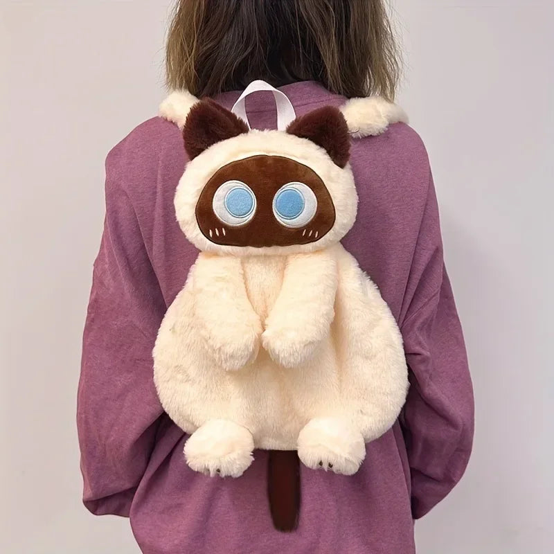 Kawaii Black Cat Plush Backpack – Cute Big Eyes Soft Shoulder Bag