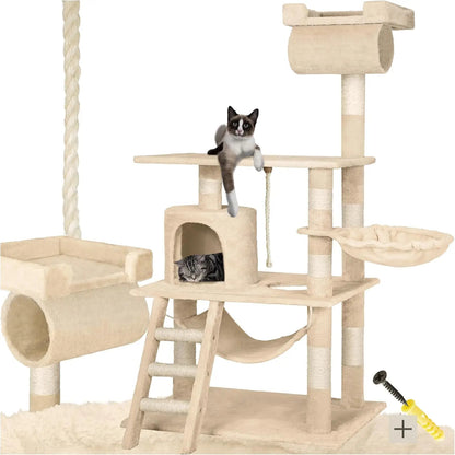 Large Cat Tree – With Hammock, Lying Bed, Condo, Stairs, Tunnel & Toy Rope, Sisal & Plush