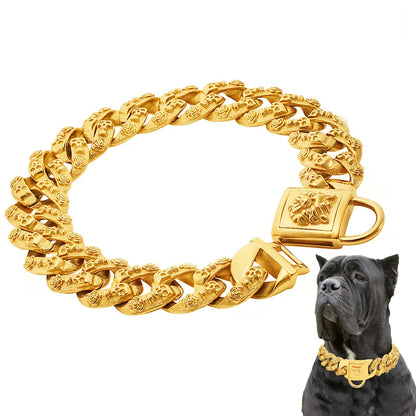 Metal Dog Collar for Large Dogs – 32mm Stainless Steel Chain Choker, Gold & Silver, Unique Fashionable Pet Accessory