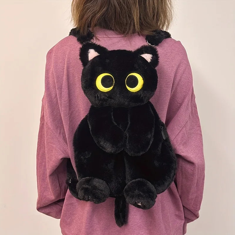Kawaii Black Cat Plush Backpack – Cute Big Eyes Soft Shoulder Bag