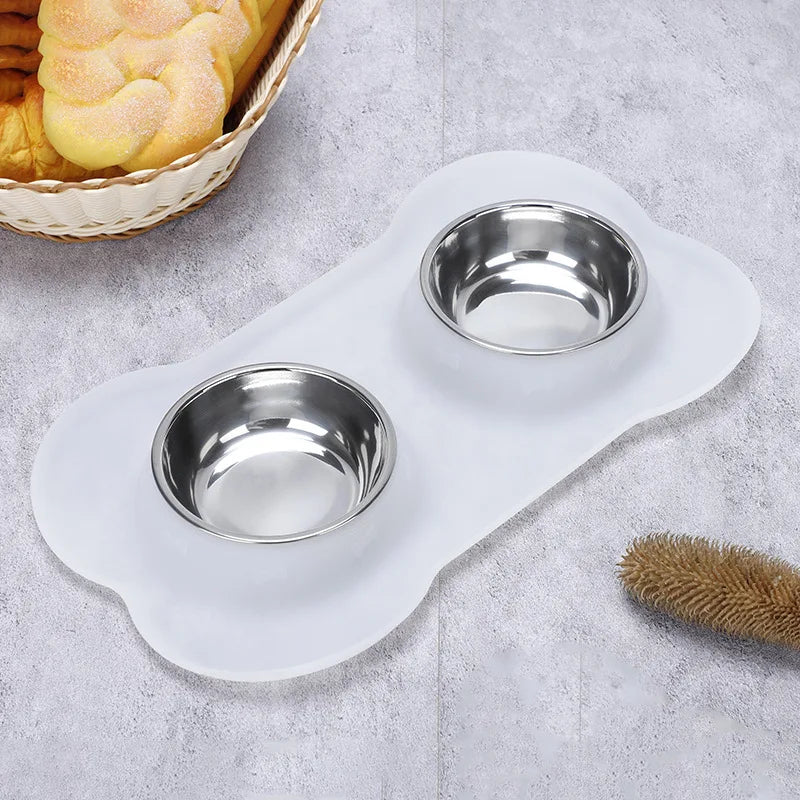 Anti-Slip Double Pet Bowl with Silicone Mat – Stainless Steel Feeder for Dogs & Cats