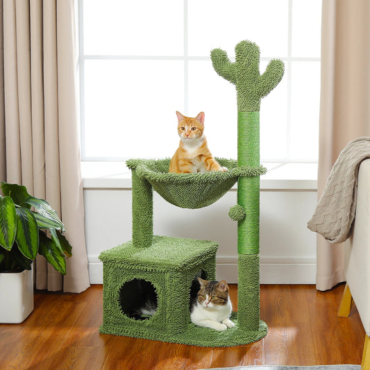 Cactus Cat Tree – Large Condo, Hammock & Dangling Ball Cat Tower with Scratching Post