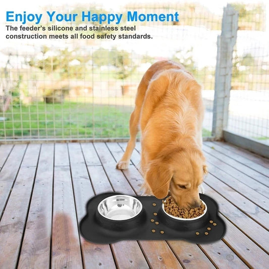 Anti-Slip Double Pet Bowl with Silicone Mat – Stainless Steel Feeder for Dogs & Cats