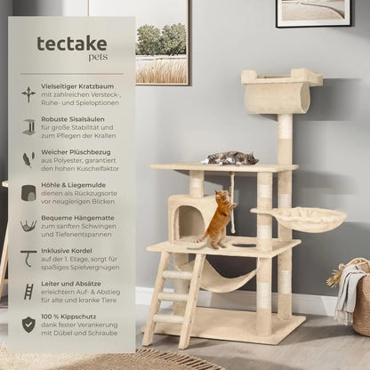 Large Cat Tree – With Hammock, Lying Bed, Condo, Stairs, Tunnel & Toy Rope, Sisal & Plush