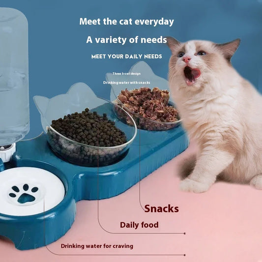 TriBowl™ – 3-in-1 Tilted Pet Feeding Set with Water Bottle