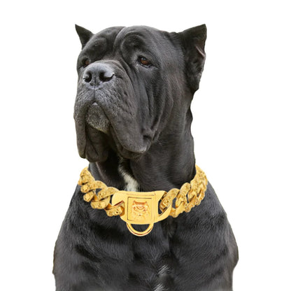 Metal Dog Collar for Large Dogs – 32mm Stainless Steel Chain Choker, Gold & Silver, Unique Fashionable Pet Accessory