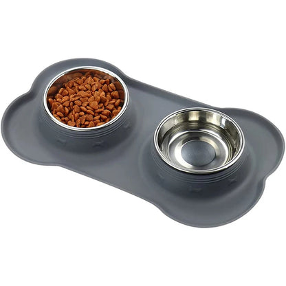 Anti-Slip Double Pet Bowl with Silicone Mat – Stainless Steel Feeder for Dogs & Cats