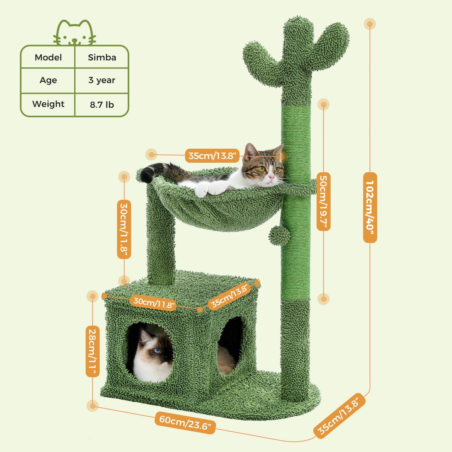 Cactus Cat Tree – Large Condo, Hammock & Dangling Ball Cat Tower with Scratching Post