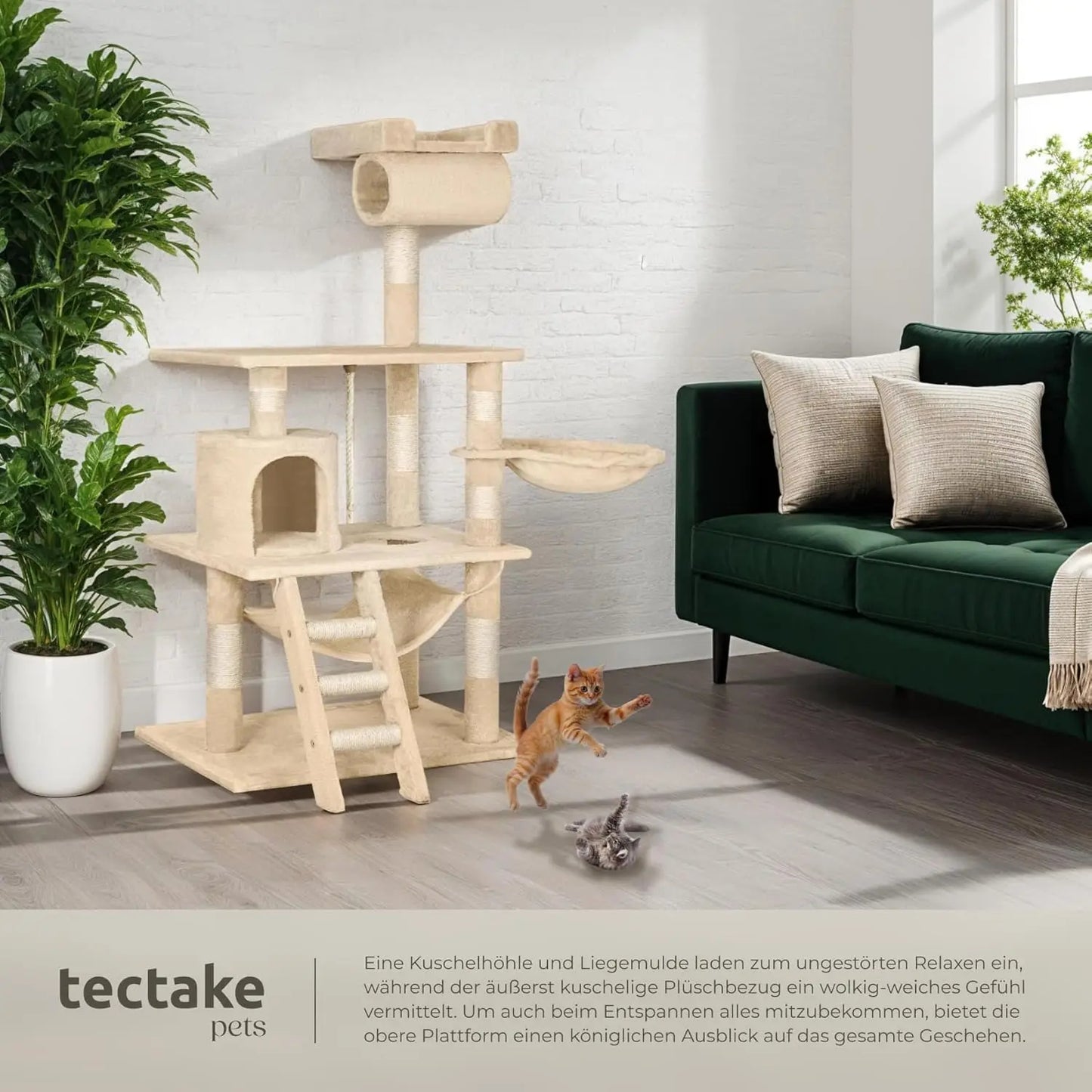 Large Cat Tree – With Hammock, Lying Bed, Condo, Stairs, Tunnel & Toy Rope, Sisal & Plush