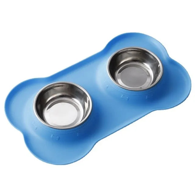 Anti-Slip Double Pet Bowl with Silicone Mat – Stainless Steel Feeder for Dogs & Cats