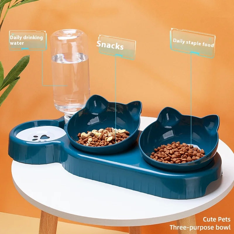 TriBowl™ – 3-in-1 Tilted Pet Feeding Set with Water Bottle