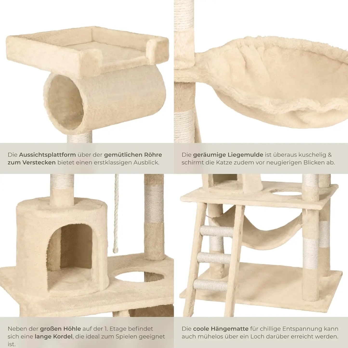 Large Cat Tree – With Hammock, Lying Bed, Condo, Stairs, Tunnel & Toy Rope, Sisal & Plush