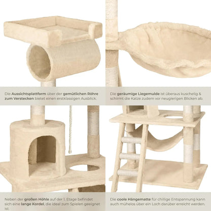 Large Cat Tree – With Hammock, Lying Bed, Condo, Stairs, Tunnel & Toy Rope, Sisal & Plush