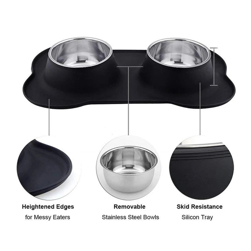 Anti-Slip Double Pet Bowl with Silicone Mat – Stainless Steel Feeder for Dogs & Cats