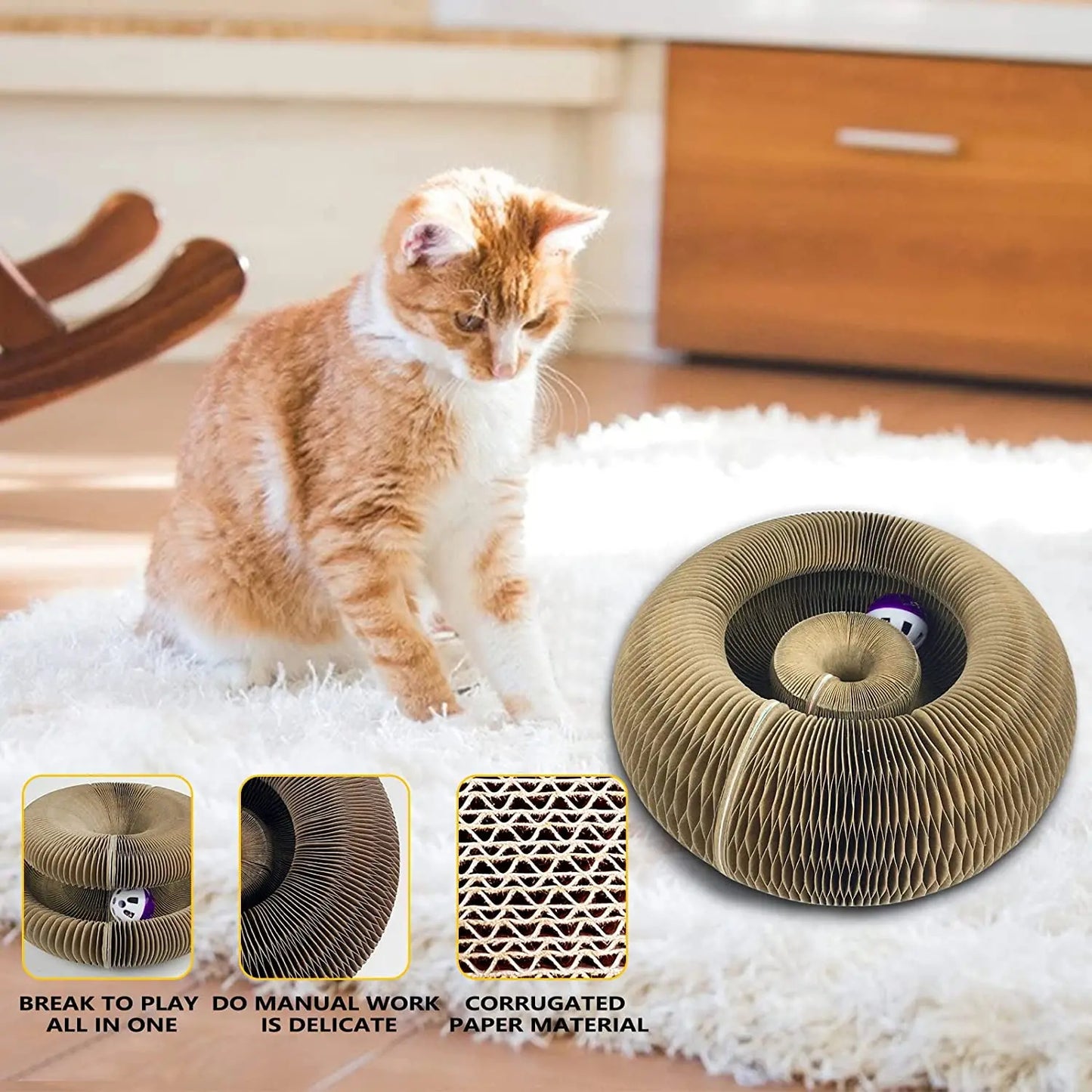 Magic Cat Scratch Board with Ball – Round Corrugated Claw Grinder & Interactive Toy