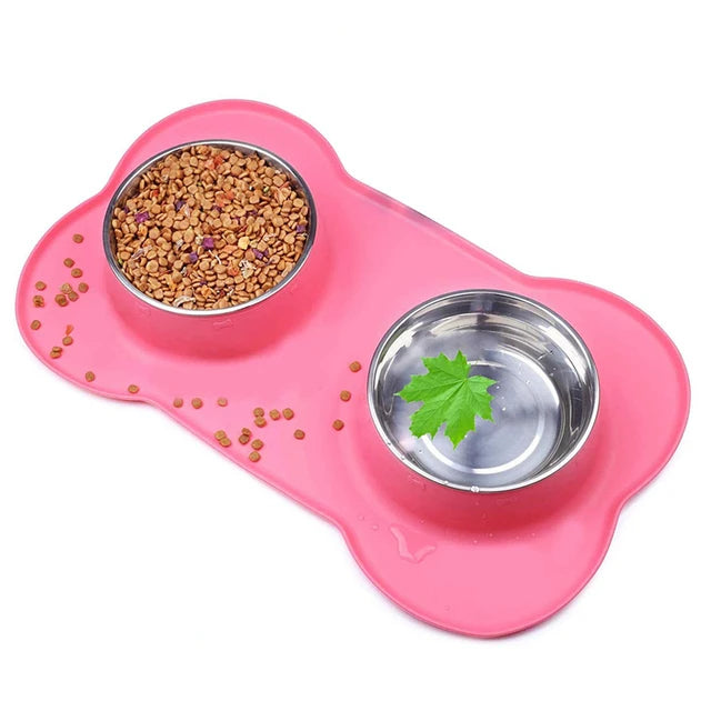 Anti-Slip Double Pet Bowl with Silicone Mat – Stainless Steel Feeder for Dogs & Cats