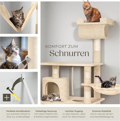 Large Cat Tree – With Hammock, Lying Bed, Condo, Stairs, Tunnel & Toy Rope, Sisal & Plush