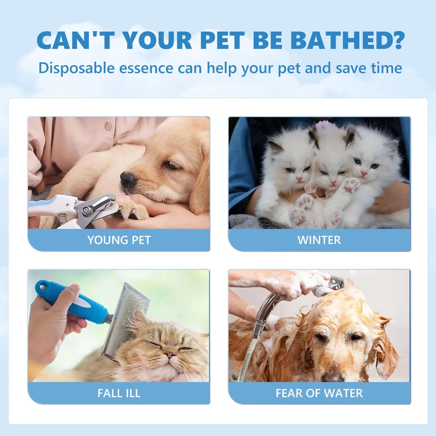 Pet Wash-Free Essence Shampoo – Cleansing, Deodorizing & Moisturizing Formula for Dogs and Cats