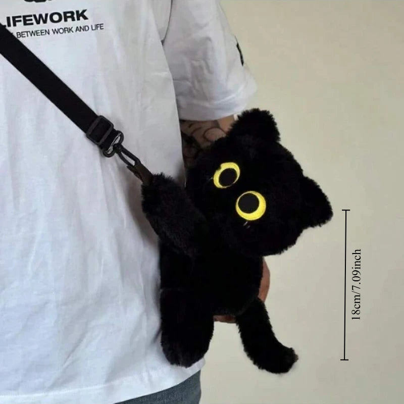 Kawaii Black Cat Plush Backpack – Cute Big Eyes Soft Shoulder Bag