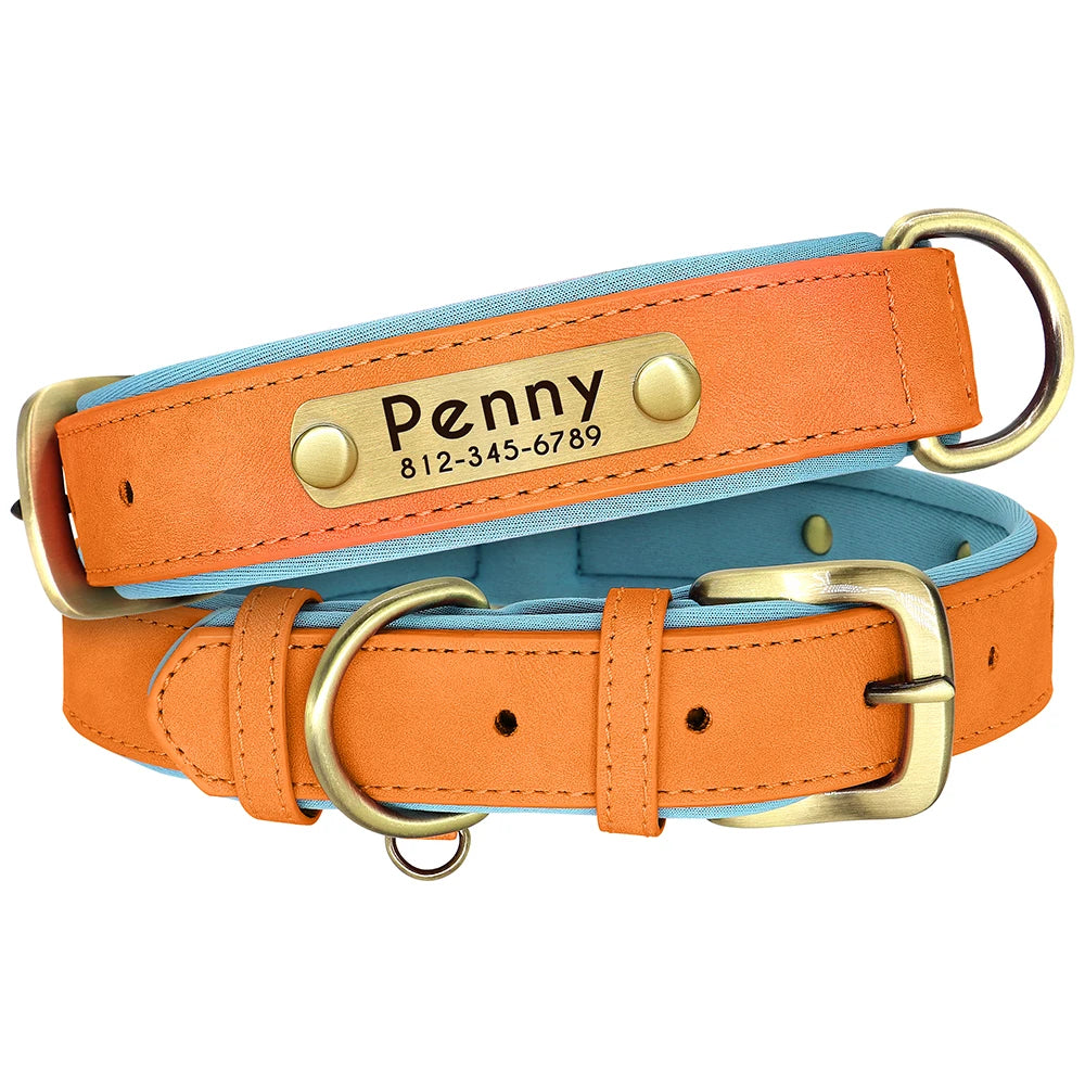 Customized PU Leather Dog Collar – Soft Padded & Adjustable, Free Engraving Nameplate for Small, Medium & Large Dogs